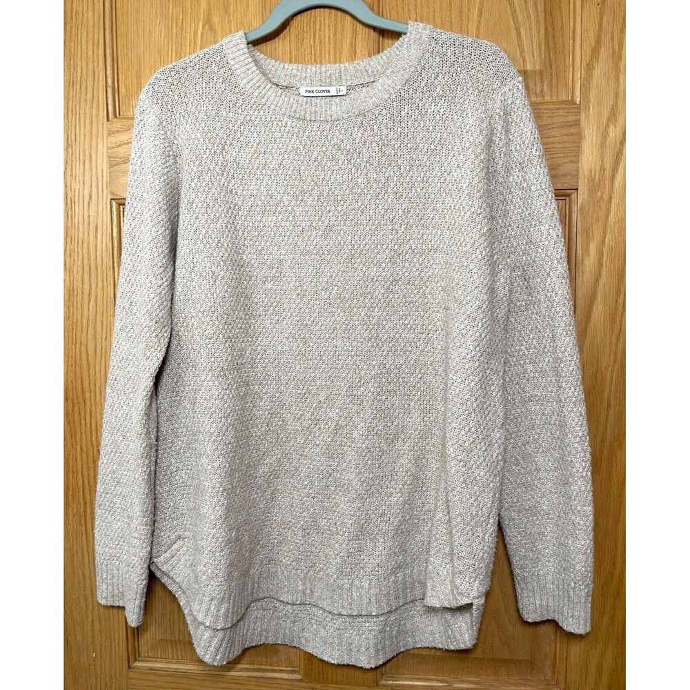 Pink Clover Womens Large Beige Oatmeal Marled Knit Crewneck Sweater Curved Hem